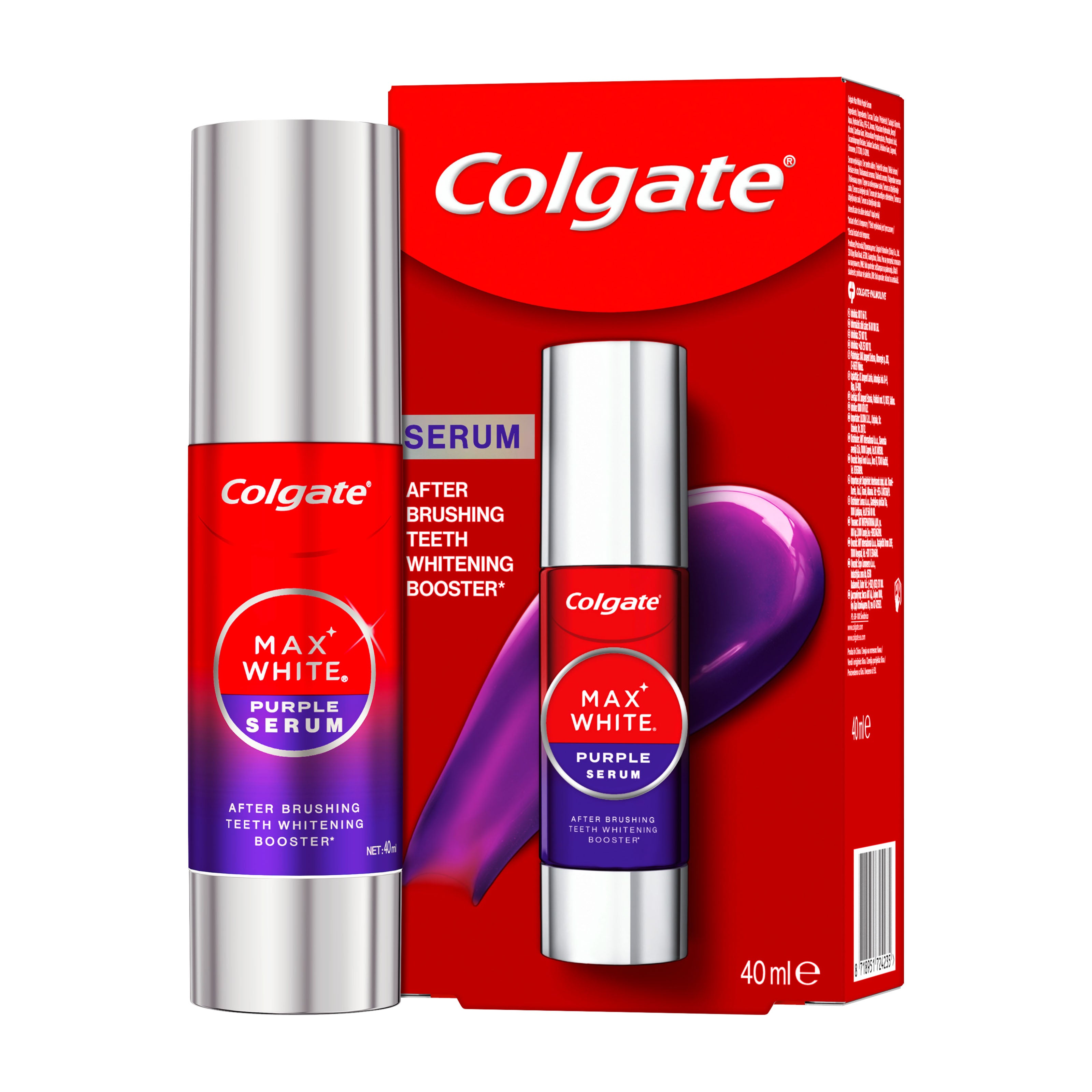 Colgate Max White Purple Serum After Brushing Teeth Whitening Booster packaging on a white background
