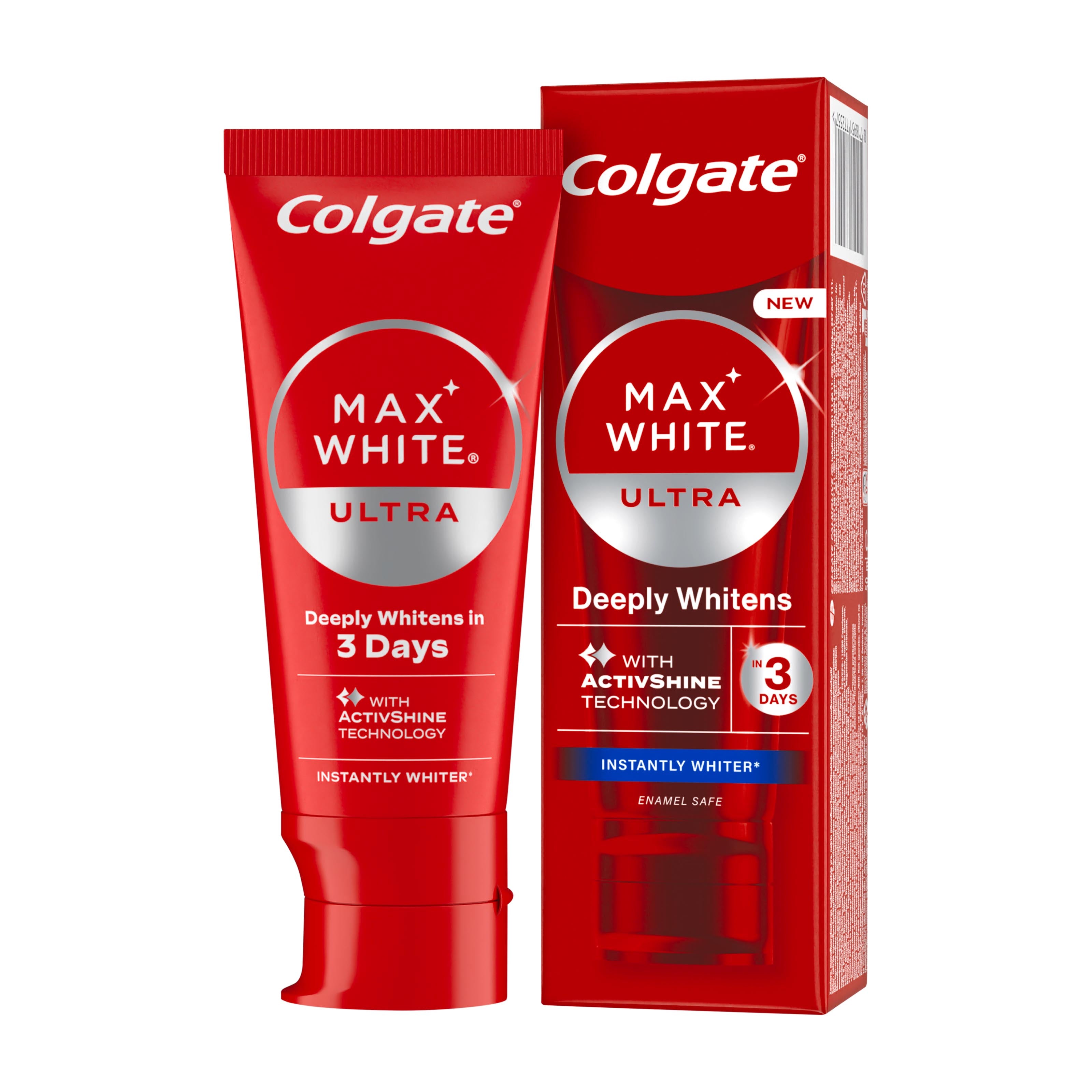 Colgate Max White Ultra Instantly Whiter toothpaste tube and packaging on a white background