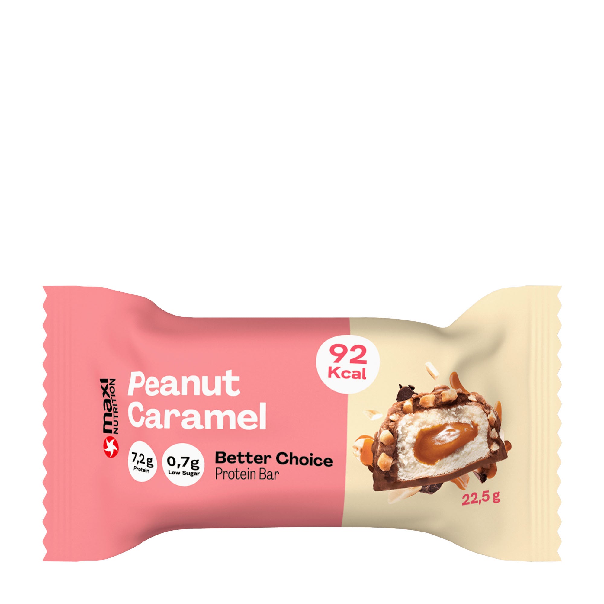 Maxinutrition Peanut Caramel protein bar packaging on a white background.
