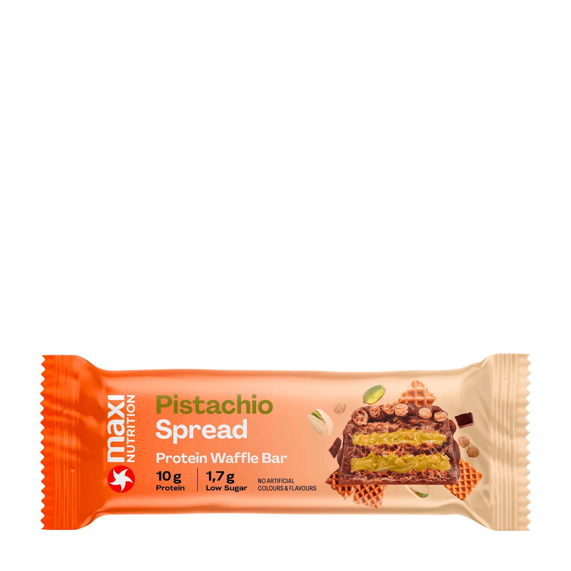 Maxi Nutrition Pistachio Spread Protein Waffle Bar packaging on a white background