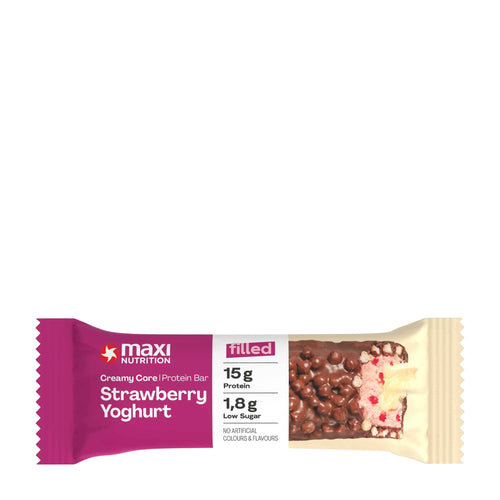 Maxi Nutrition Strawberry Yoghurt protein bar packaging on a white background