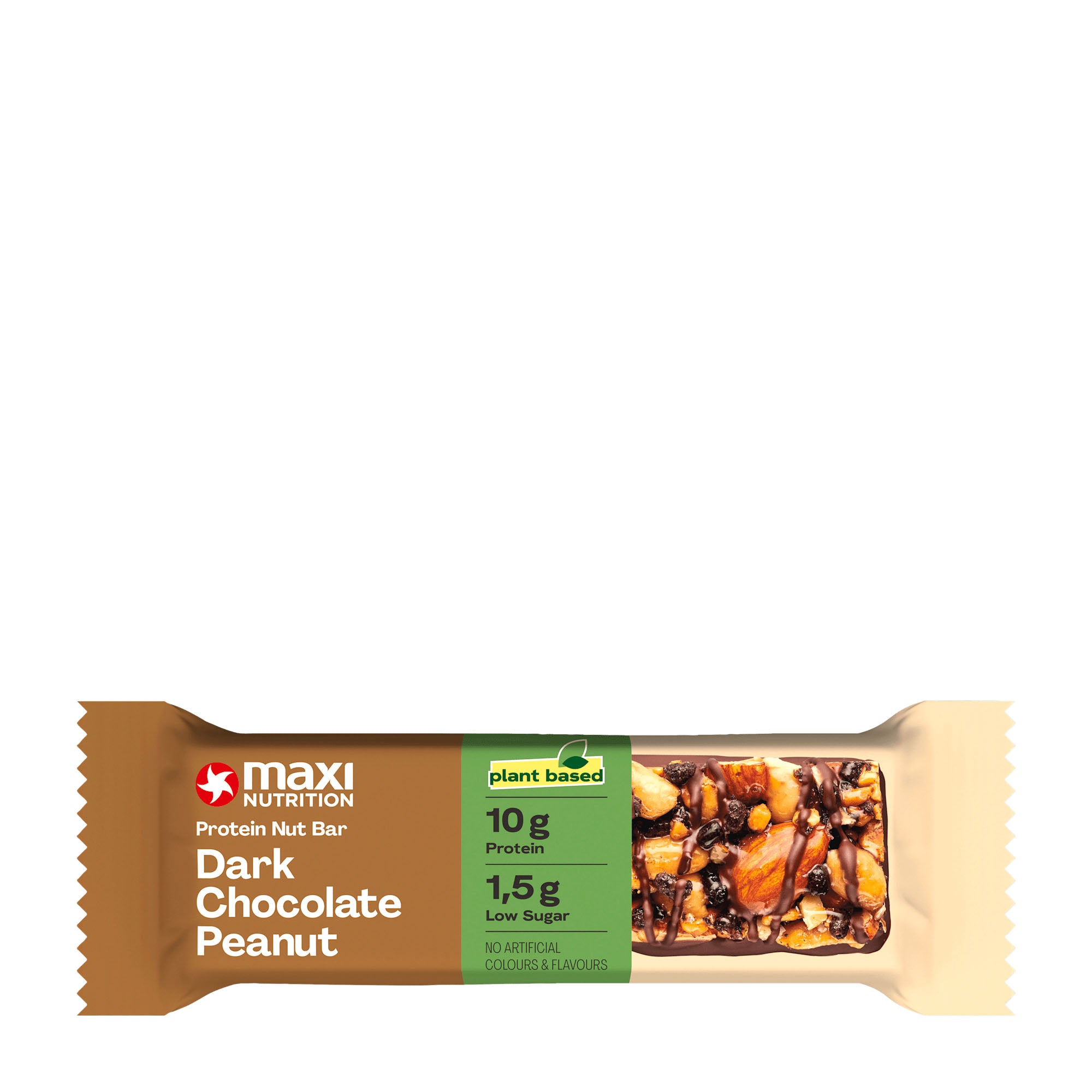 Maxi Nutrition protein nut bar packaging with dark chocolate peanut flavor on a white background