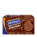 Box of McVitie's Digestives milk chocolate wheat biscuits. The packaging shows a picture of the chocolate-coated biscuits with a textured pattern on them.