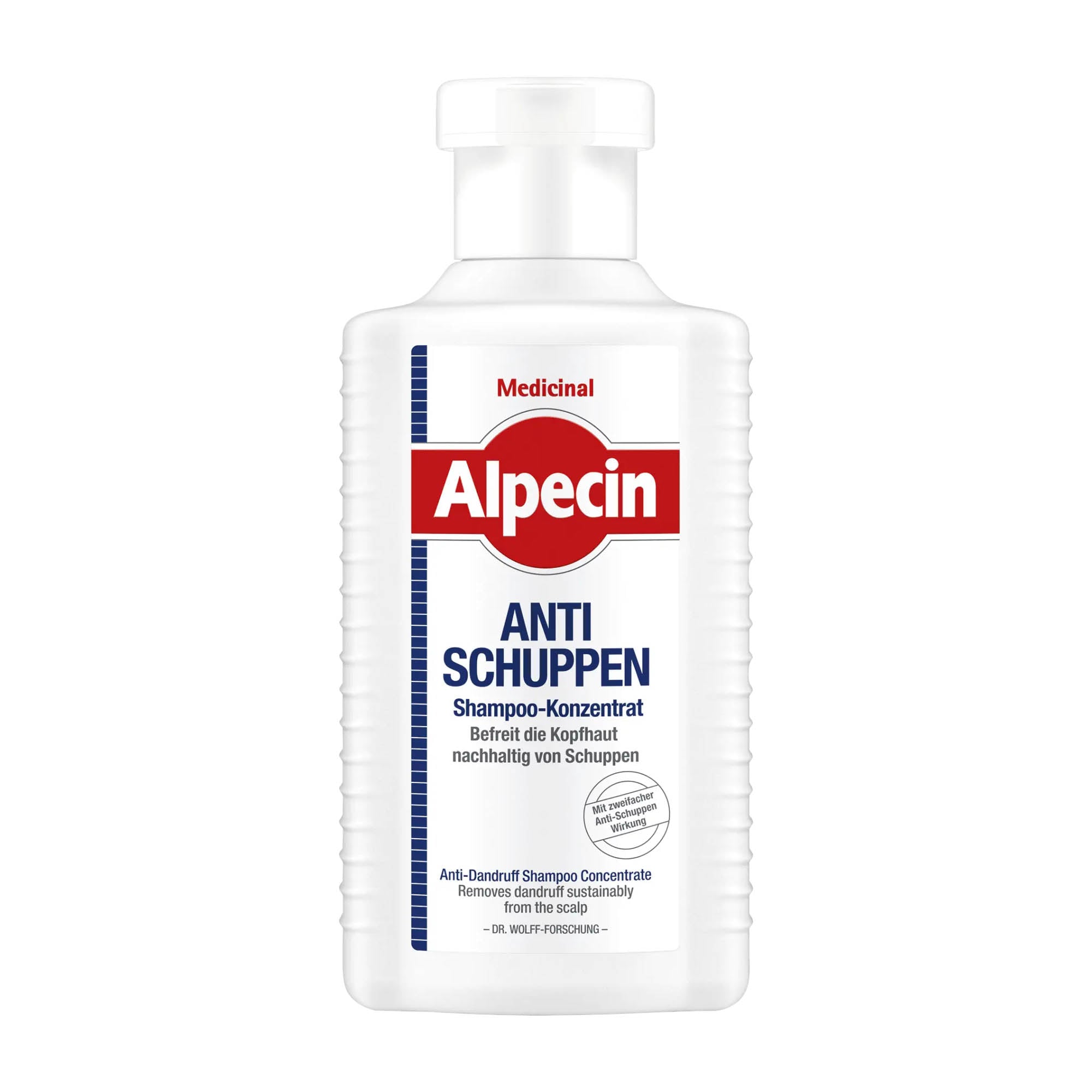 A bottle of Alpecin Medicinal Anti-dandruff shampoo concentrate, 200 mL.