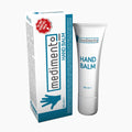 Medimento hand balm 60 ml tube next to its retail box, featuring a white and blue design with a red seal on a light gray background.