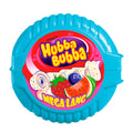 A dispenser of Hubba Bubba Mega Long Triple Mix chewing gum tape, showing the gum strips and the colors red, blue, and pink which are associated with the flavors strawberry, blueberry, and watermelon.