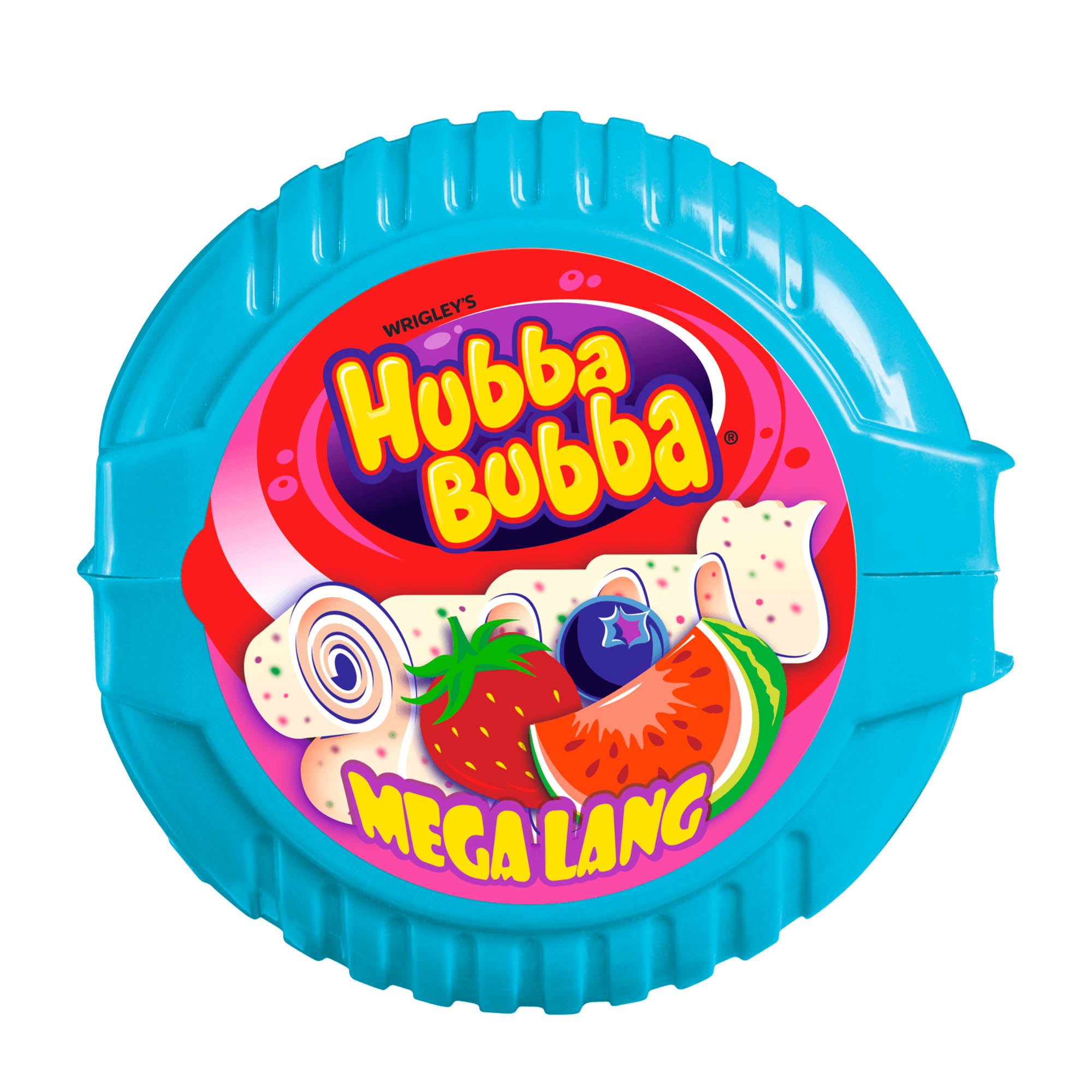 A dispenser of Hubba Bubba Mega Long Triple Mix chewing gum tape, showing the gum strips and the colors red, blue, and pink which are associated with the flavors strawberry, blueberry, and watermelon.