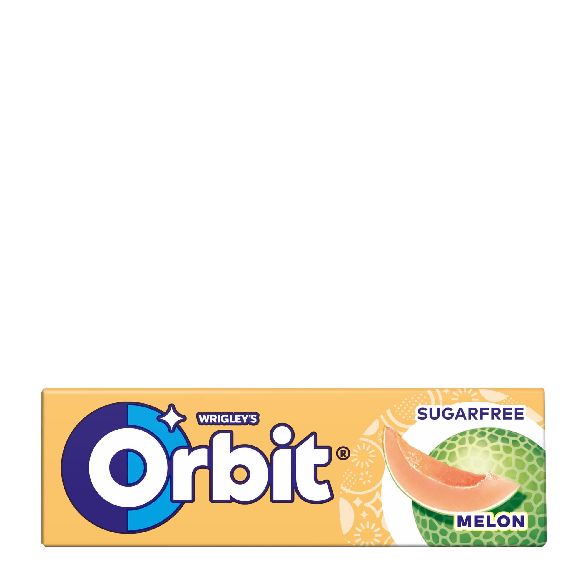 Packaging of Orbit sugarfree melon chewing gum with 10 counts, featuring the brand logo and a picture of a melon slice.