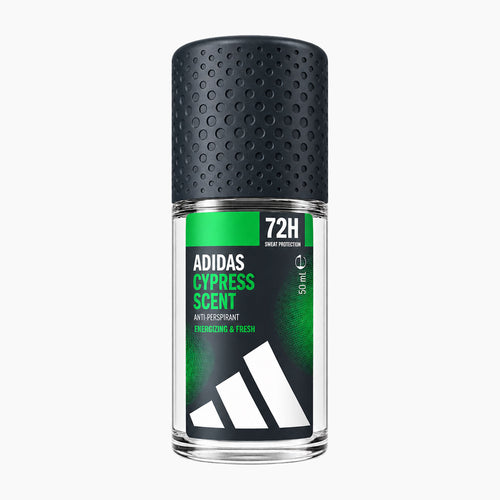 Adidas Men Cypress Scent 72H antiperspirant deodorant roll-on in a 50ml clear bottle with a black textured cap and a green and black label featuring the Adidas logo.