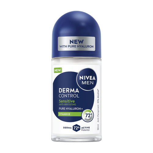 Nivea Men Derma Control Sensitive roll-on glass container on a white background