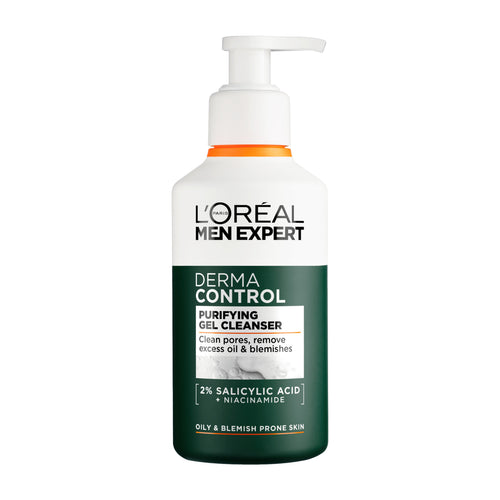 L'Oreal Men Expert Derma Control Purifying Gel Cleanser bottle on a white background