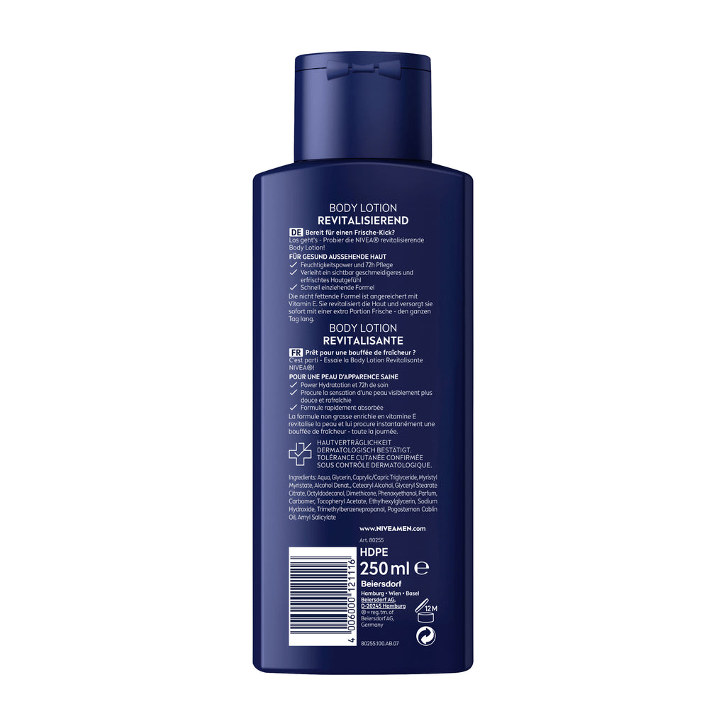 Back view of Nivea Men Revitalizing body lotion bottle with text on a white background
