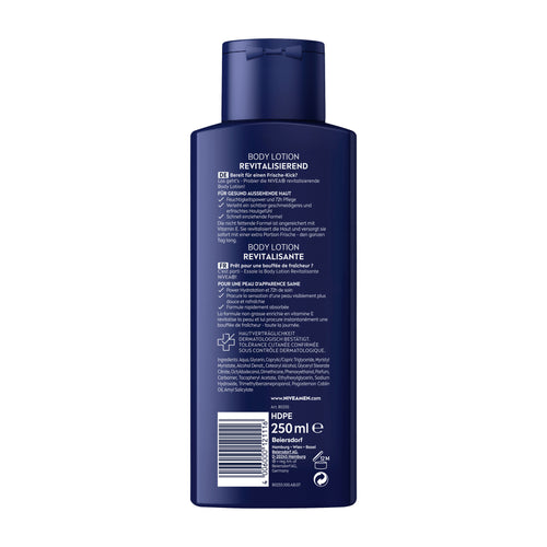 Back view of Nivea Men Revitalizing body lotion bottle with text on a white background