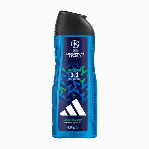 A 400mL bottle of Adidas UEFA XIII Champions League Matchday Aromatic & Spicy Body Wash. The bottle is bright blue with a black cap, featuring the Champions League starball logo and the Adidas logo on the front label.