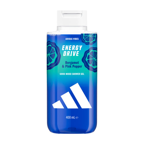 Blue bottle of Adidas Vibes Energy Drive good mood shower gel on a white background