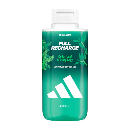 Adidas Vibes Full Recharge good mood shower gel bottle on a white background