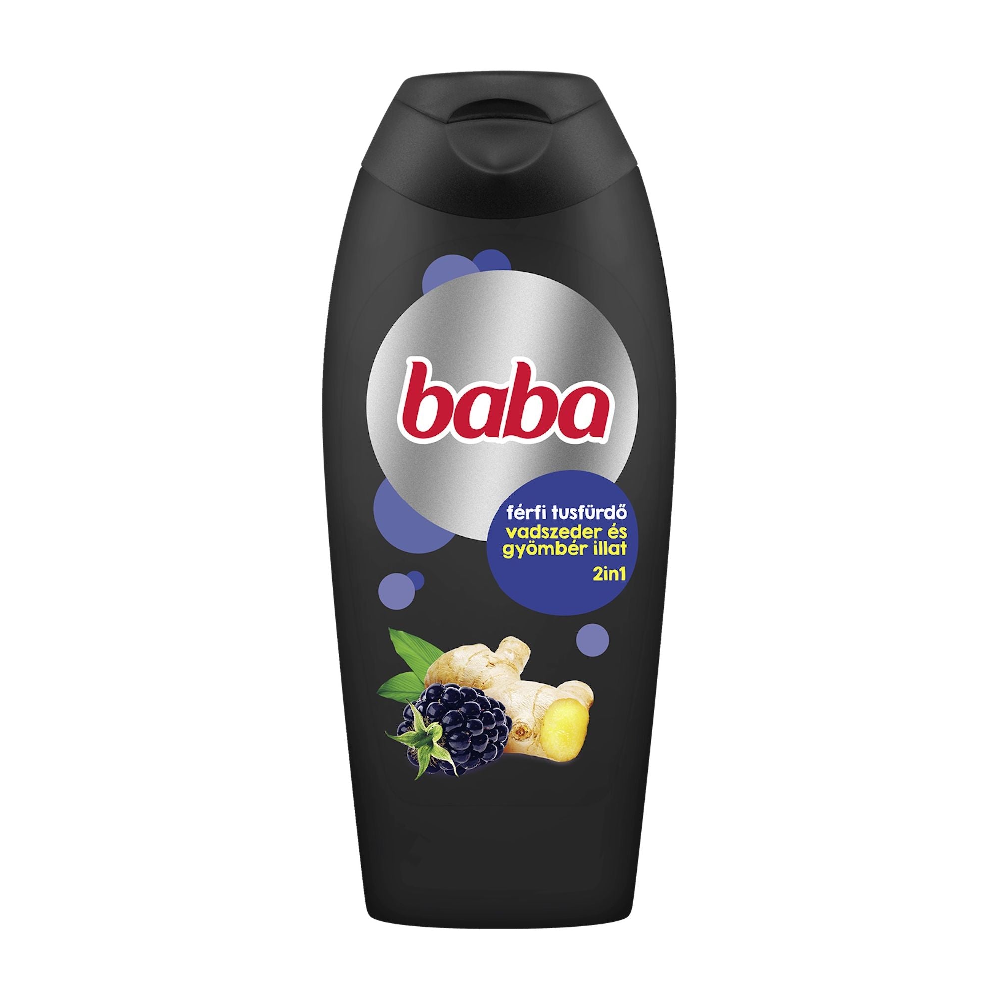 a black bottle of Baba Men wild blackberry shower gel