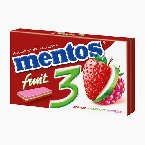 A box of Mentos Fruit 3 sugar-free chewing gum, featuring a red and white packaging design with illustrations of a strawberry, raspberry, and a pink and green gumdrop.