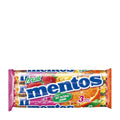 Packaging of Mentos Fruit chewy dragees featuring images of the candies and flavors such as strawberry, lemon, and orange.