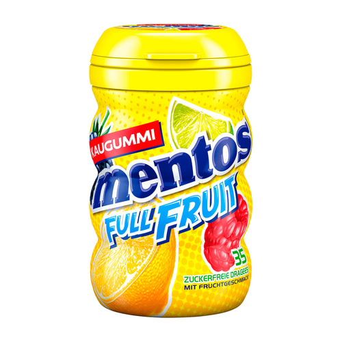 Yellow box of Mentos Full Fruit chewing gum on a white background