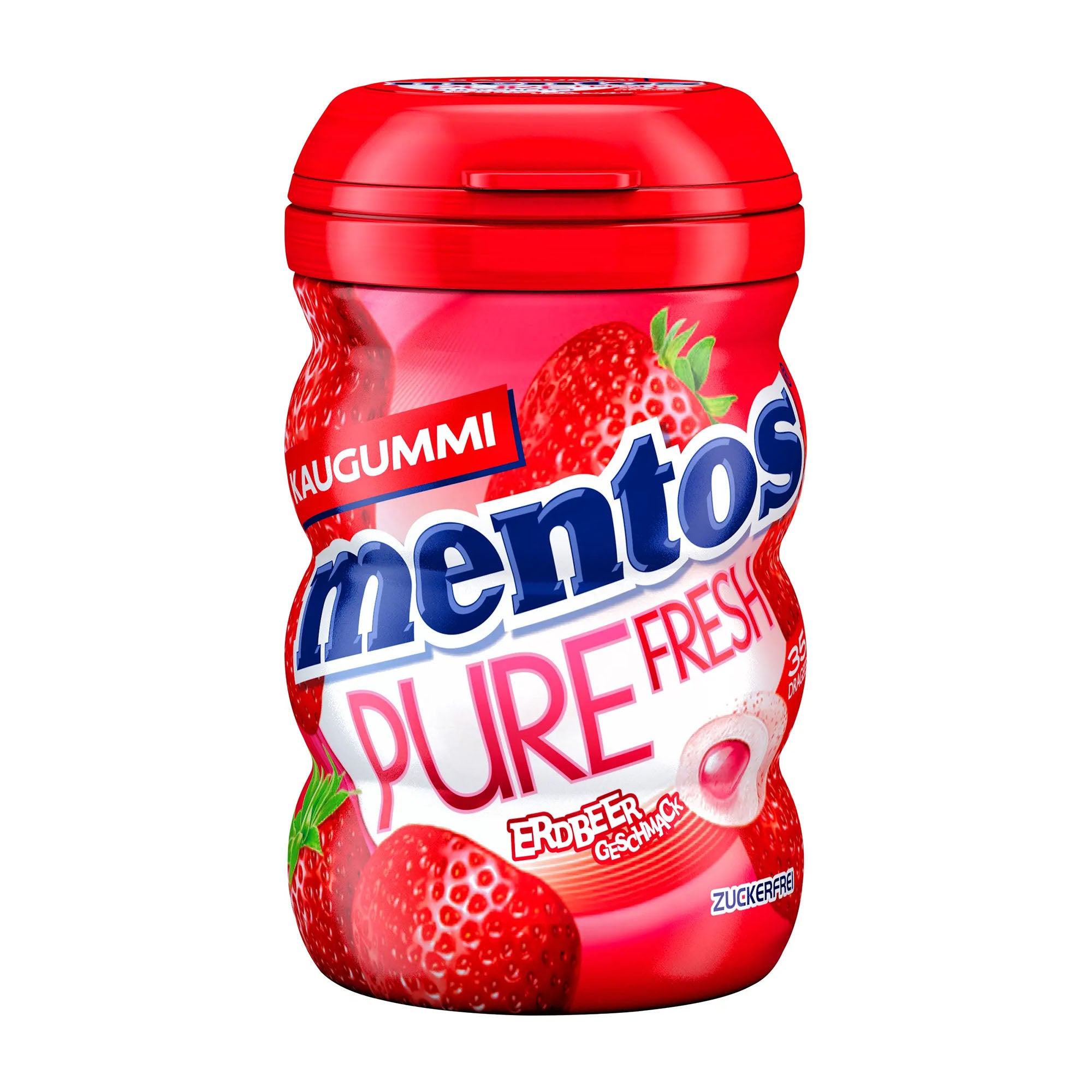 Mentos Pure Fresh strawberry-flavored chewing gum packaging on a white background