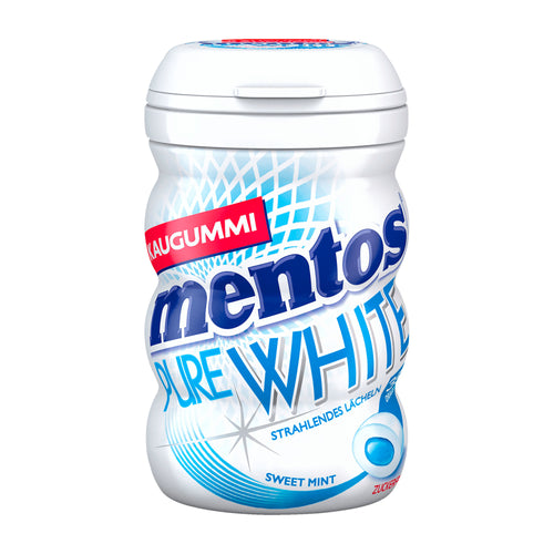 Mentos Pure White sweet mint chewing gum container on a white background