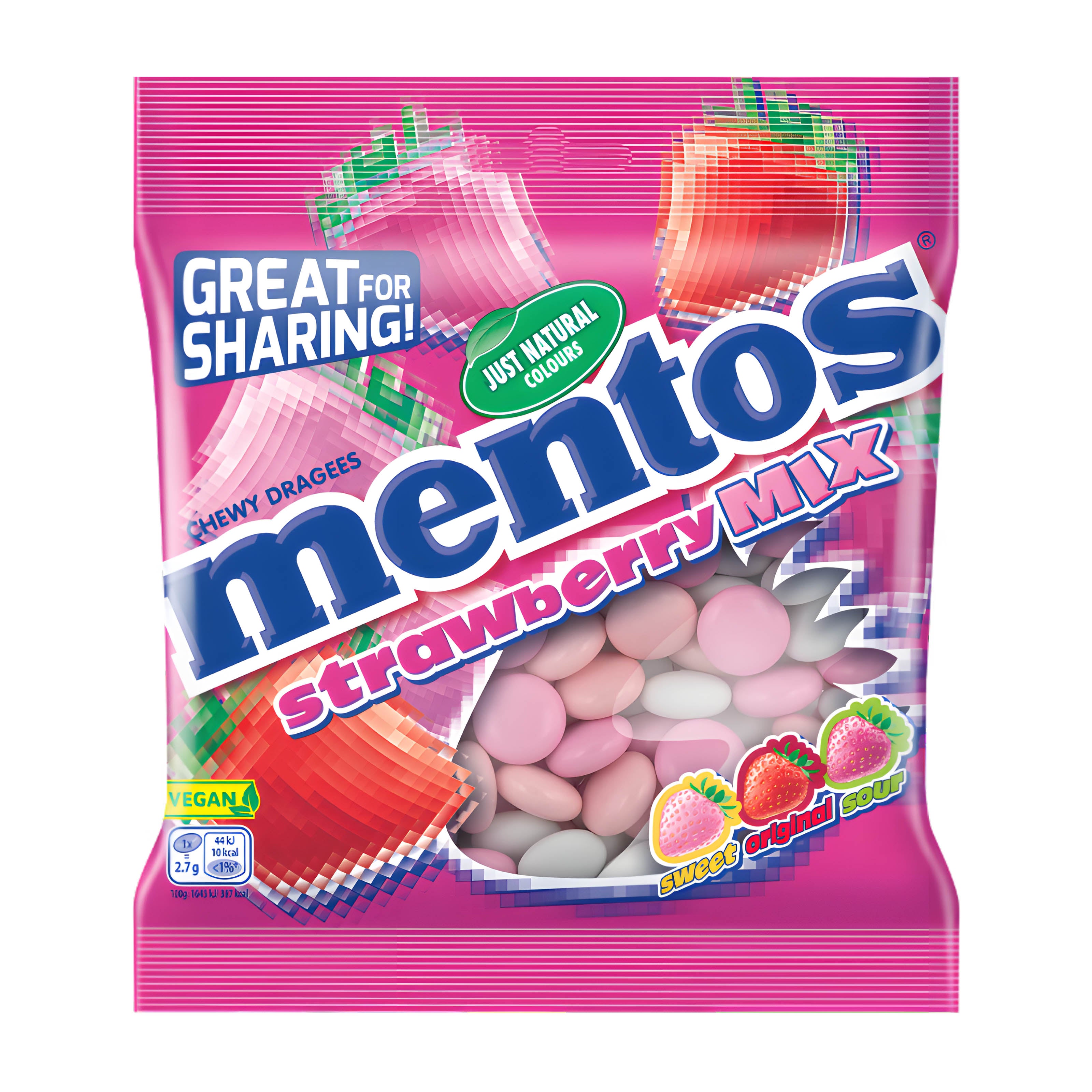 Mentos Strawberry Mix chewy dragees 150 g package on a white background