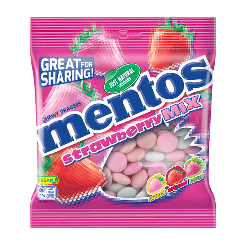 Mentos Strawberry Mix chewy dragees 150 g package on a white background