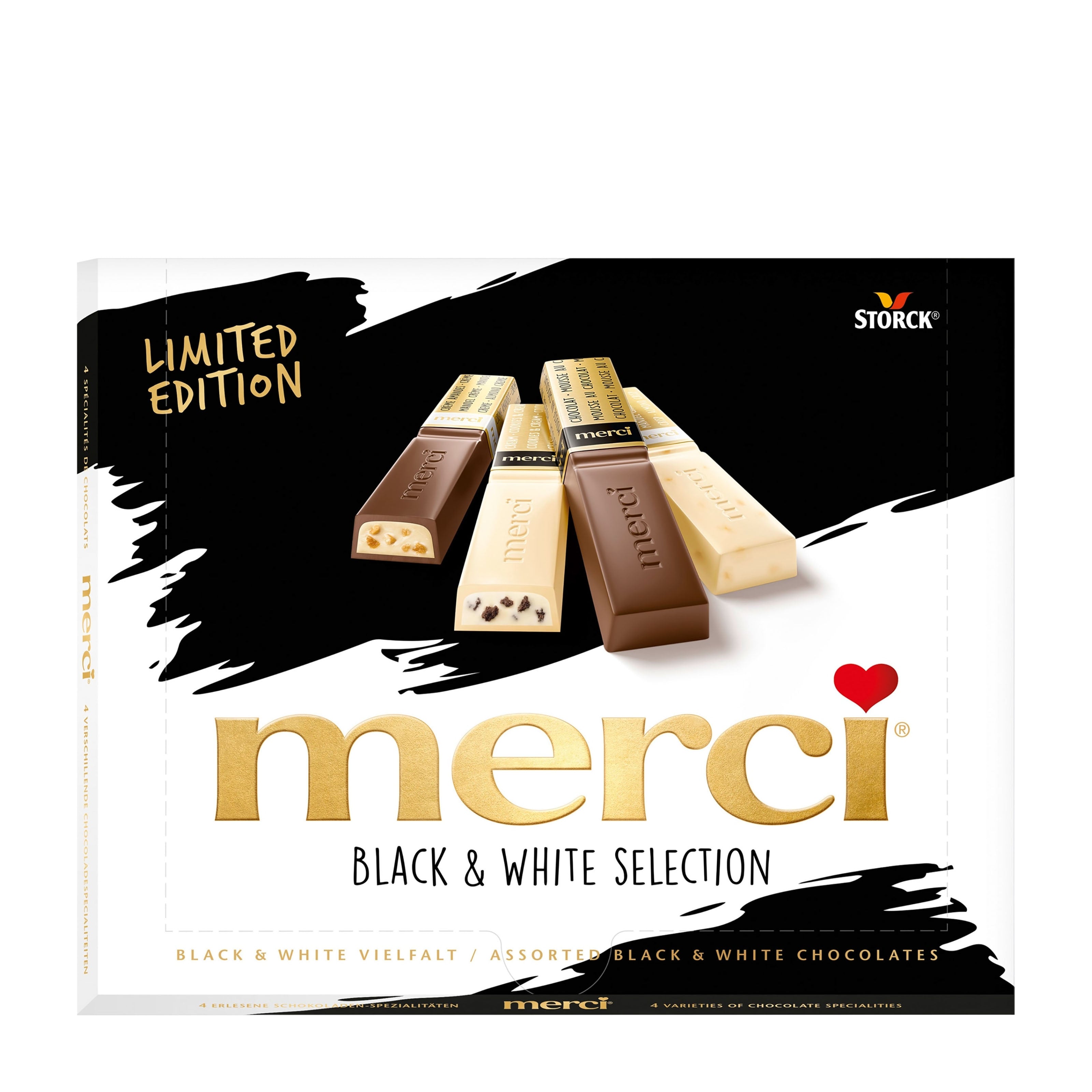 Packaging of merci black and white selection chocolates with Storck logo.