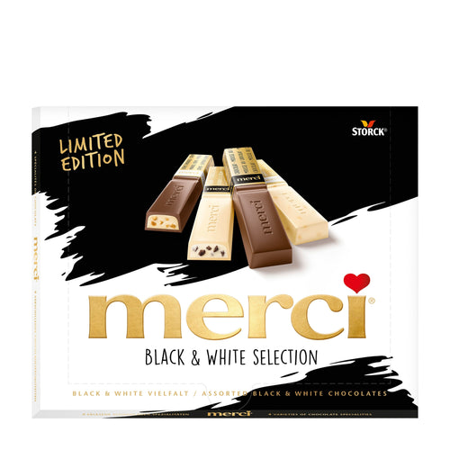 Packaging of merci black and white selection chocolates with Storck logo.