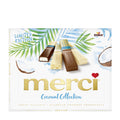 Storck merci coconut collection chocolate packaging with palm leaves and coconuts on a white background