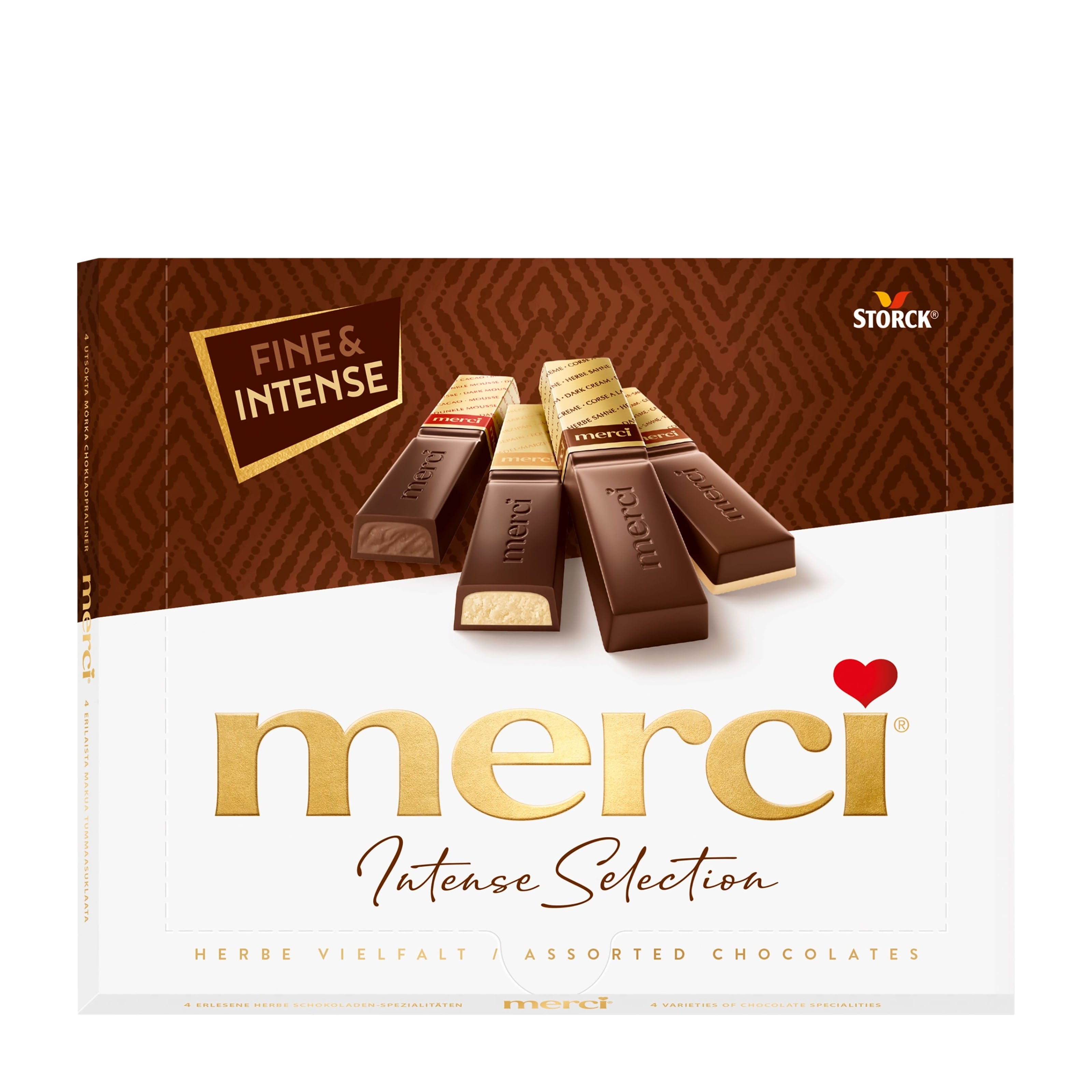 Box of Storck merci Intense Selection chocolates on a white background