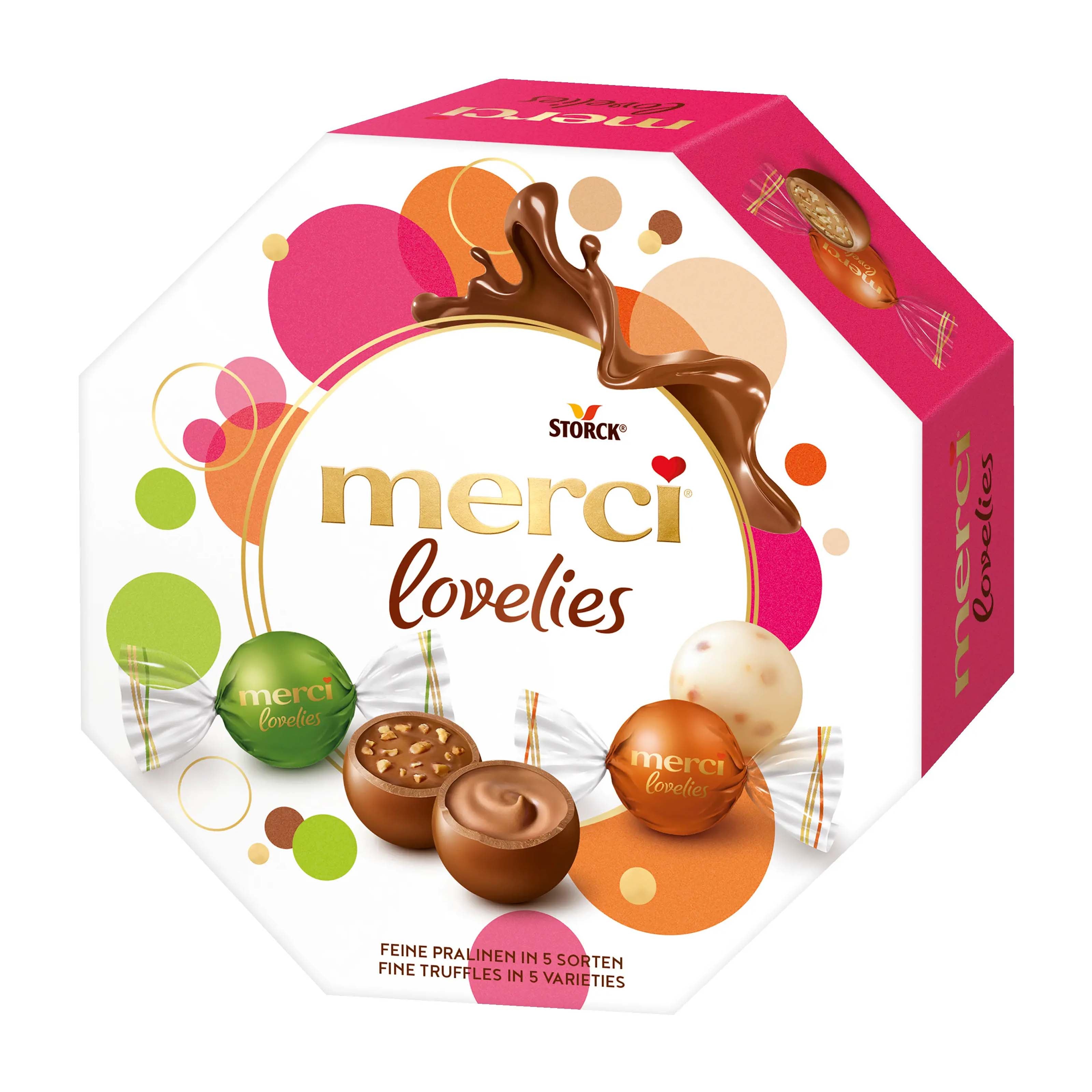 Box of Storck merci lovelies chocolate pralines with colorful design on a white background