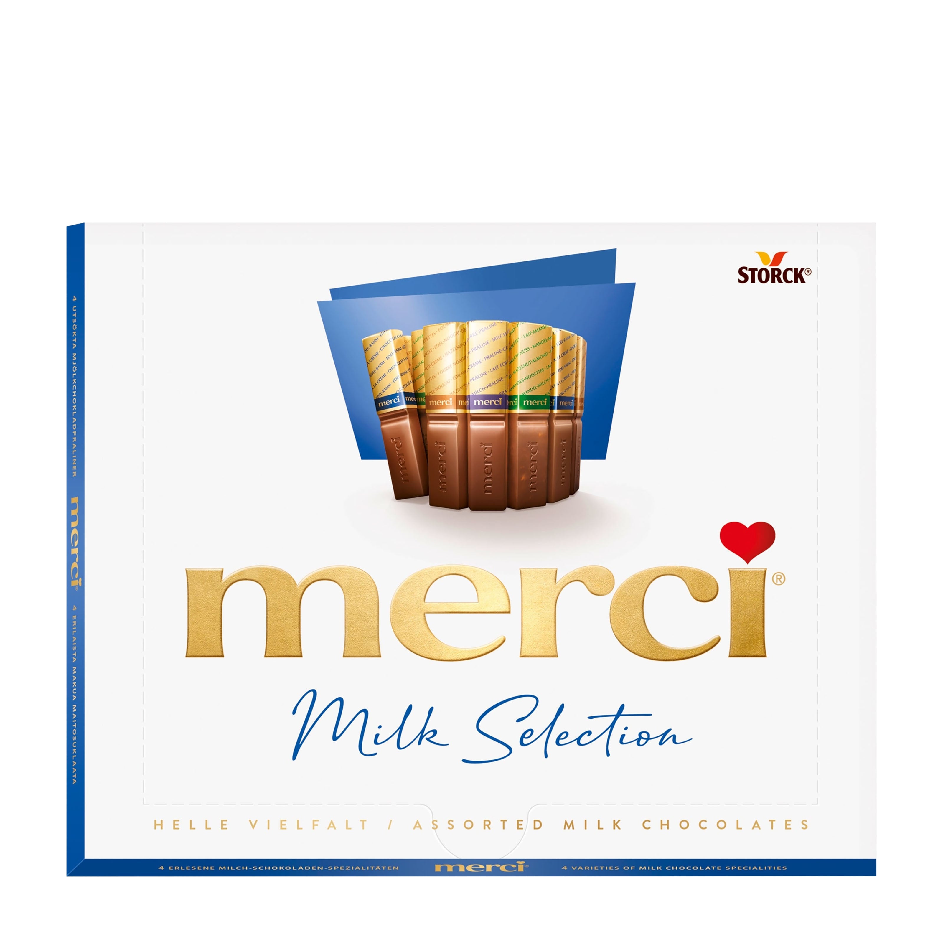 Packaging of Storck merci Milk Selection chocolates with a blue border and heart symbol.
