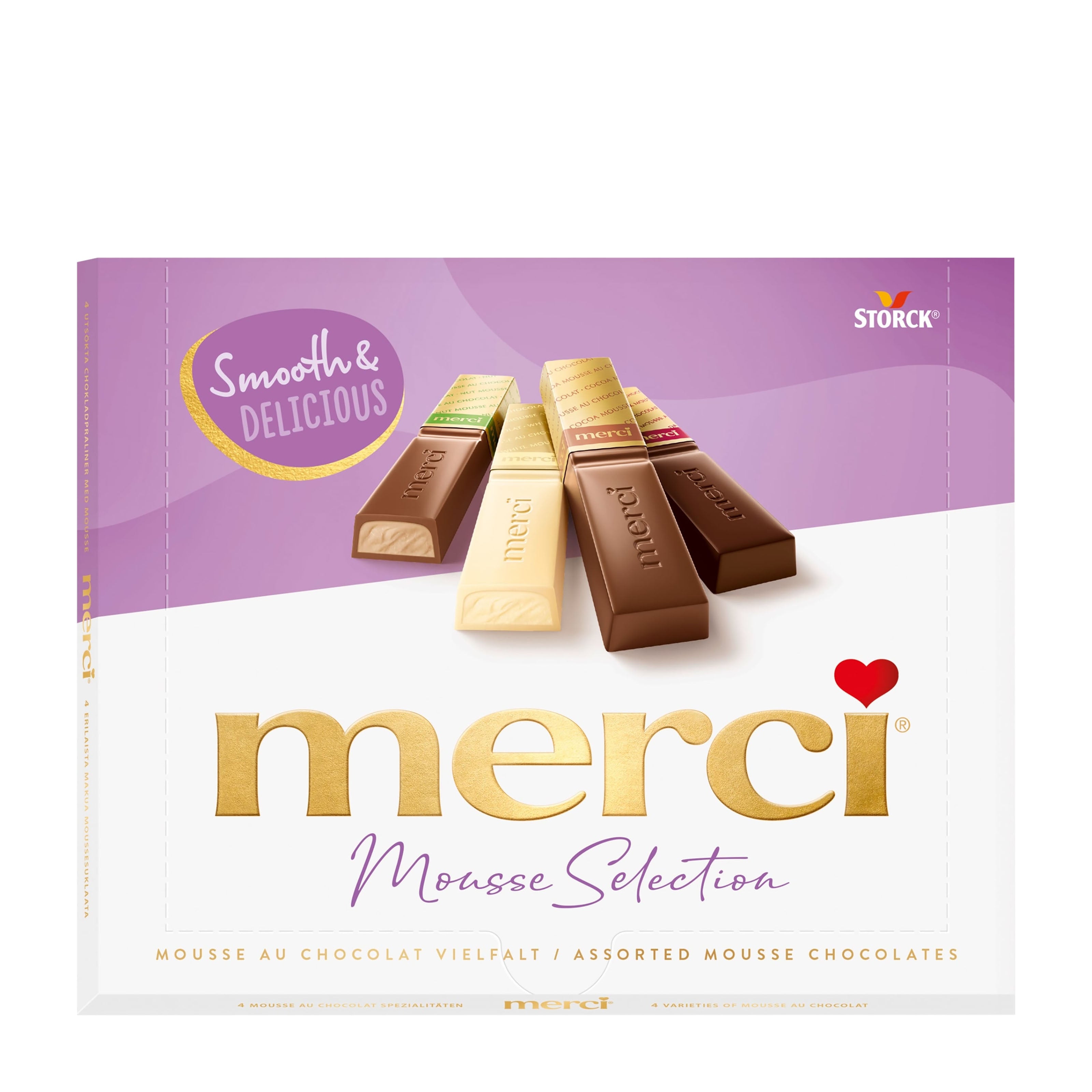 Packaging of Storck merci Mousse Selection with chocolate bars on a white and purple background
