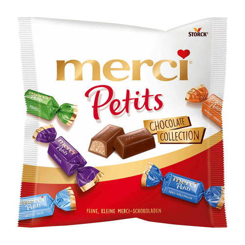 Packaging of Storck merci Petits chocolate collection on a white background