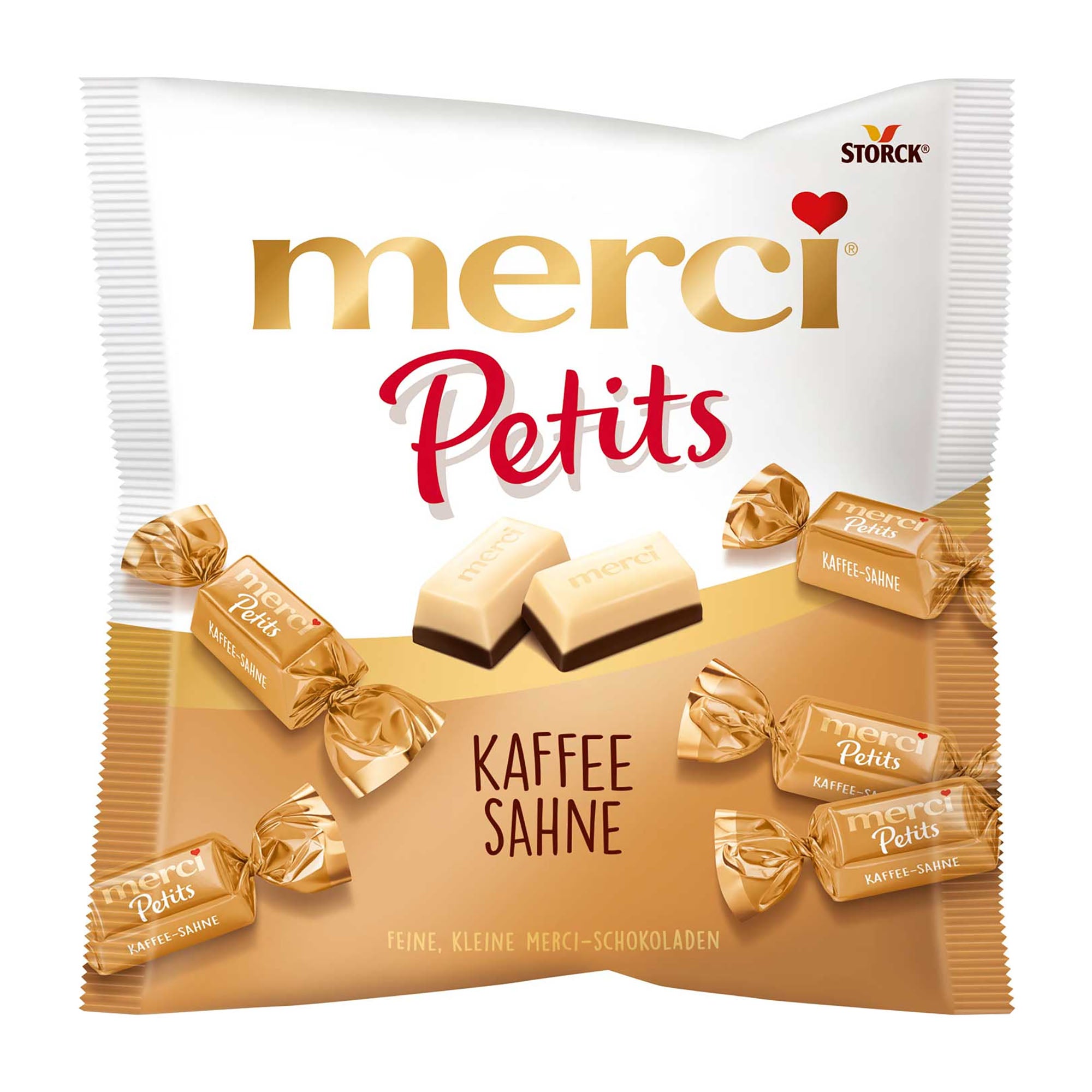 Packaging of Storck merci Petits Coffee Cream chocolate bars on a white background