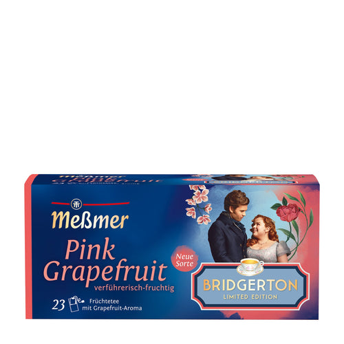 Messmer Pink Grapefruit tea box with Bridgerton theme on a white background