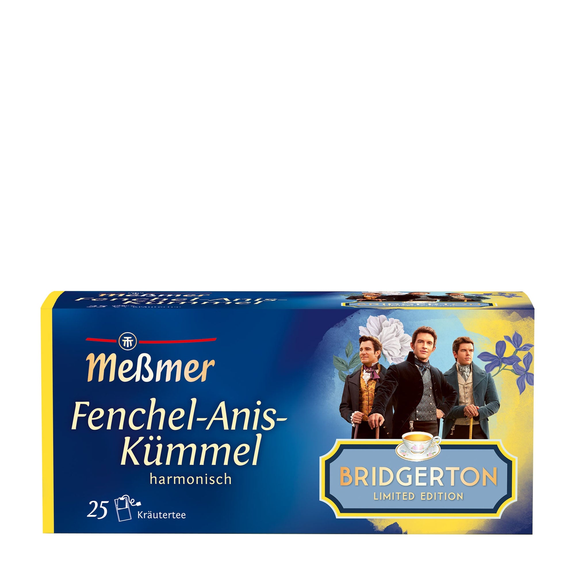 Tea box of Messmer Fennel-Anise-Caraway herbal tea with 'Bridgerton' theme featuring characters and Messmer logo.