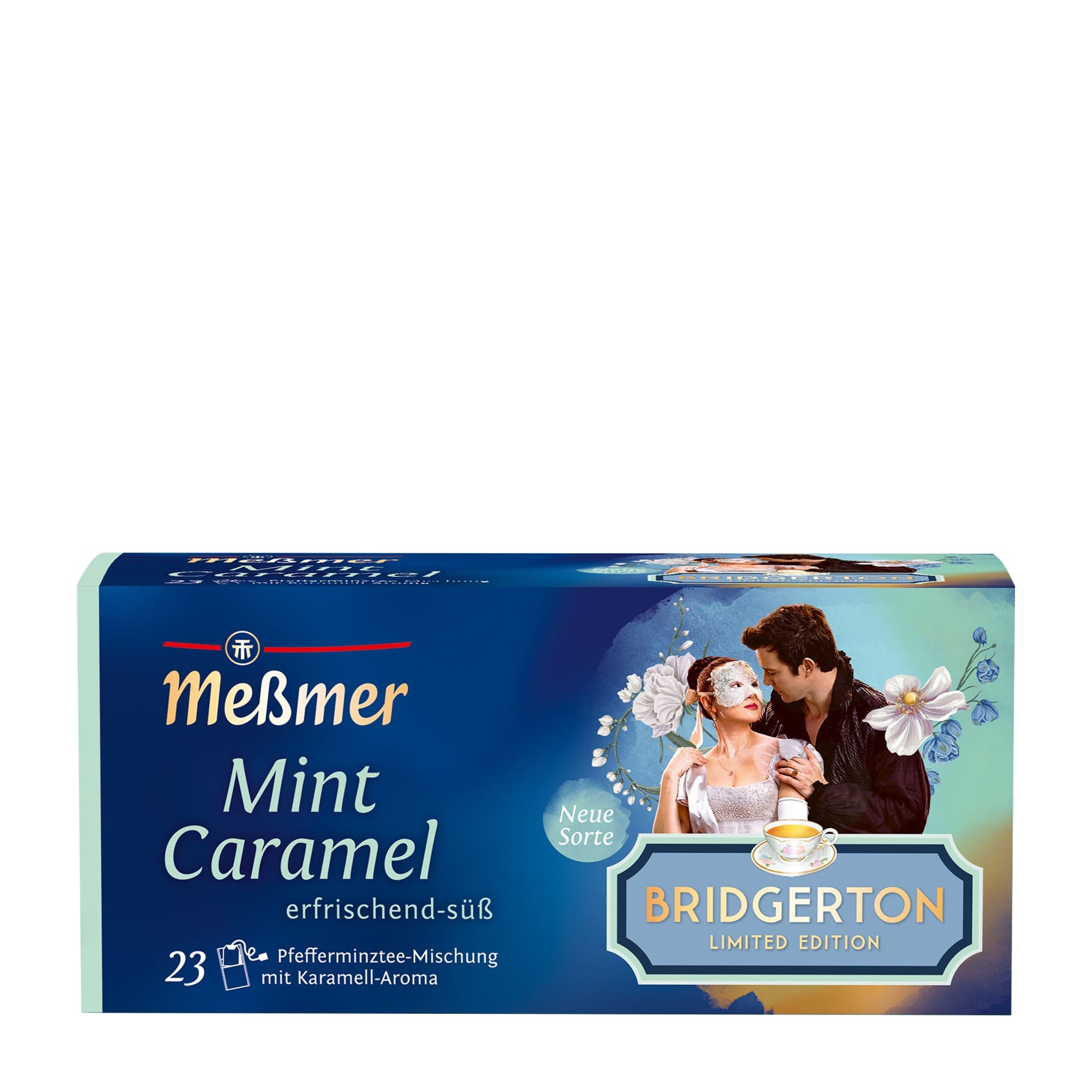 Messmer Mint Caramel tea box with Bridgerton theme on a white background