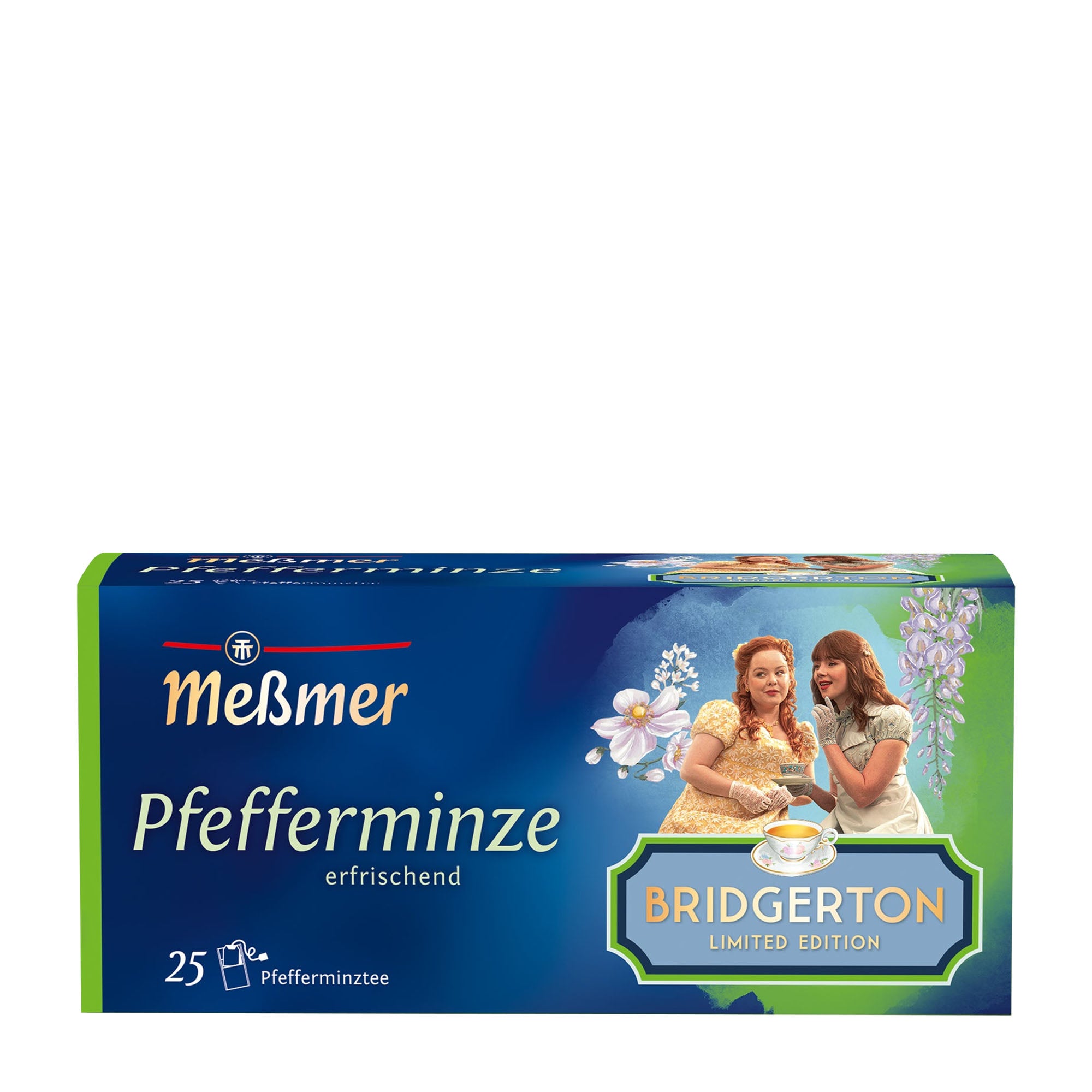 Meösmer peppermint tea packaging with 'Bridgerton' limited edition label on a white background
