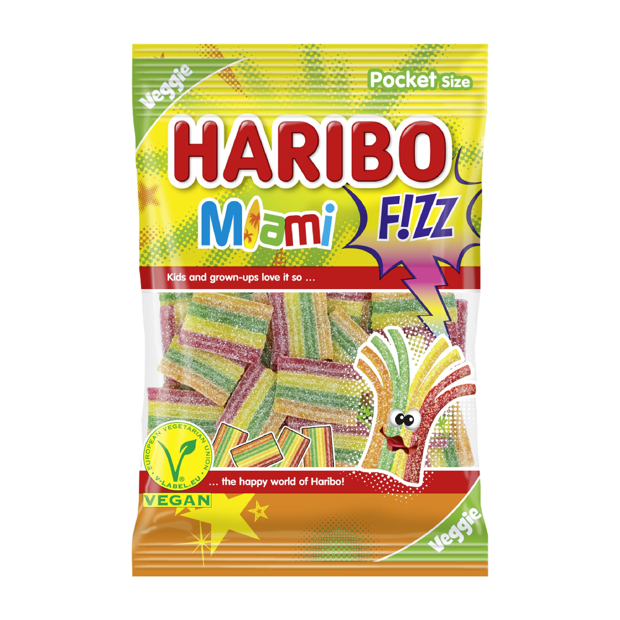 Haribo Miami Fizz candy package on a white background