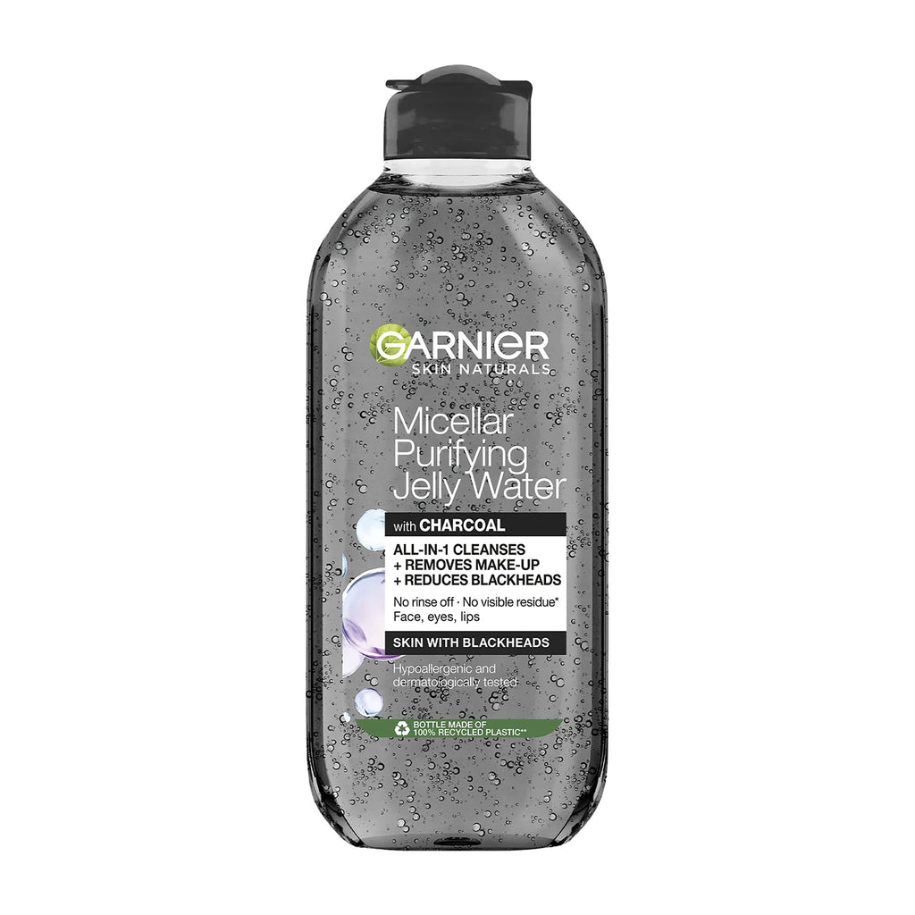 Garnier Skin Naturals Micellar Purifying Jelly Water with Charcoal plastic bottle on a white background.