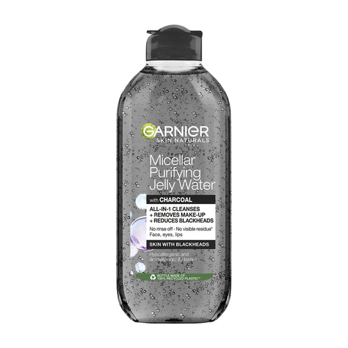 Garnier Skin Naturals Micellar Purifying Jelly Water with Charcoal plastic bottle on a white background.
