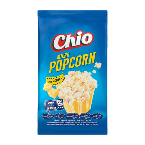 Chio Micro Popcorn extra cheese packaging with blue background