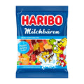 A package of Haribo Milk Bears candies, featuring bear-shaped gummies in assorted flavors including strawberry, lemon, orange, cherry, apple, and raspberry, with a blue and red design and cartoon bear characters on the packaging.