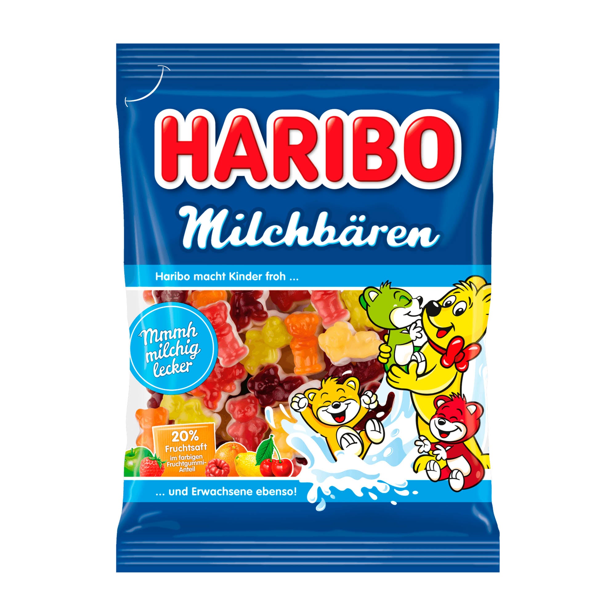 A package of Haribo Milk Bears candies, featuring bear-shaped gummies in assorted flavors including strawberry, lemon, orange, cherry, apple, and raspberry, with a blue and red design and cartoon bear characters on the packaging.