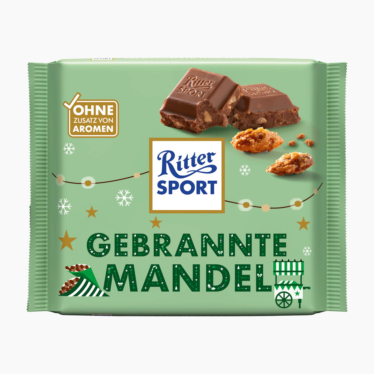 Ritter Sport Candied Almond milk chocolate bar packaging on a light gray background.