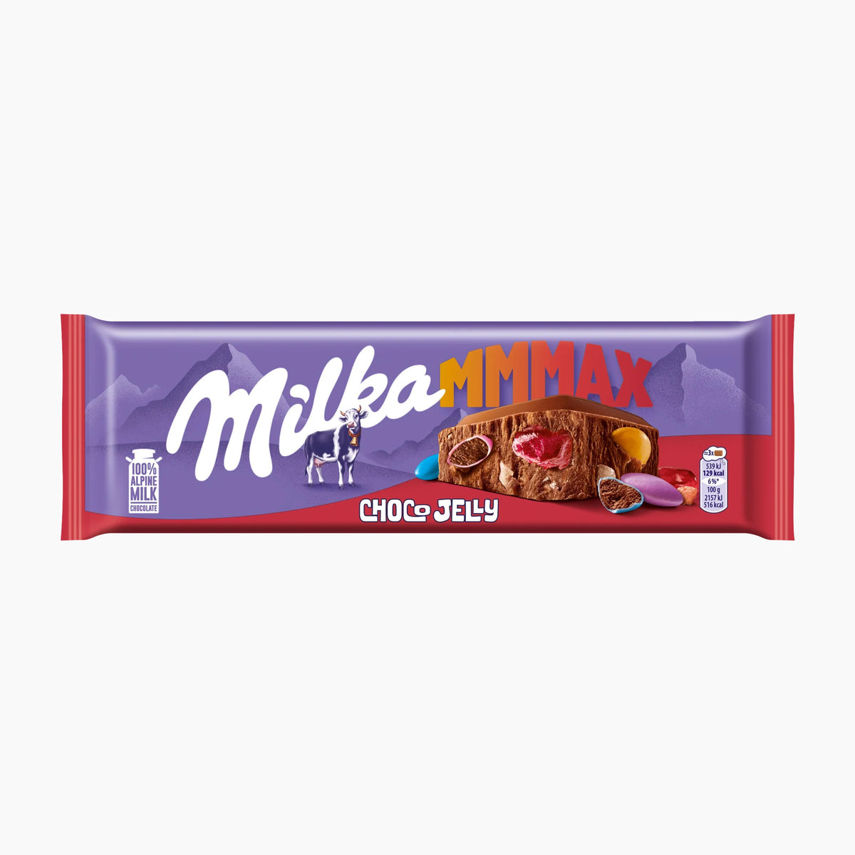A Milka MMMAX Choco Jelly milk chocolate bar in its packaging, featuring a purple and red wrapper with the brand name 'Milka' and an illustration of a chocolate piece.