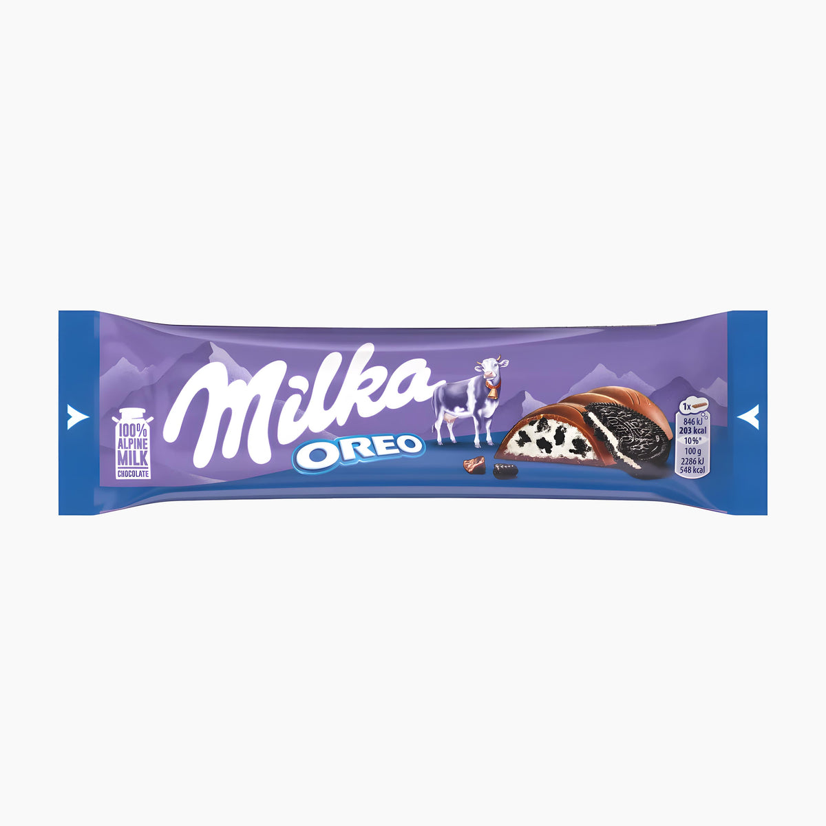 A single Milka Oreo chocolate bar in its original wrapper, shown horizontally against a plain white background. The wrapper is primarily purple with blue ends, featuring the white 'Milka Oreo' logo, a small illustration of a goat, and a depiction of the chocolate cookie on the right side.